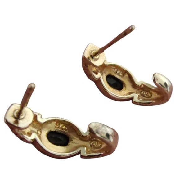 925 Gold Vermeil Blue Sapphire & Diamond Accents Half Hoop Earrings | Marked DL - Picture 6 of 9